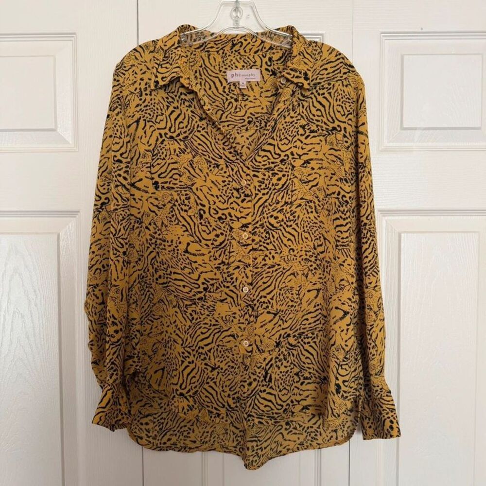 Philosophy Yellow & Black Animal Print Button Down Blouse Size Medium maximalist